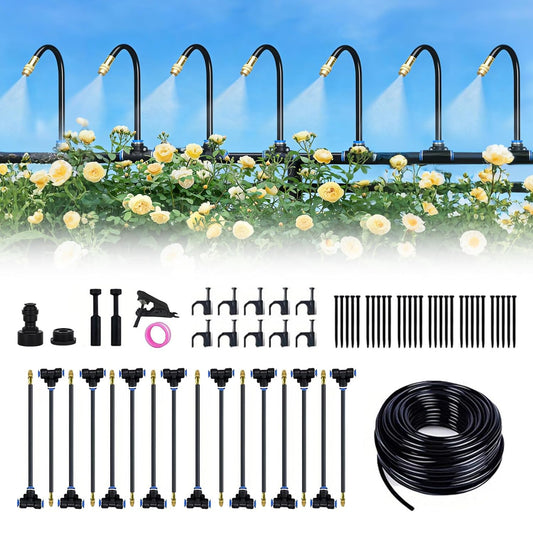 360° Adjustable Drip Irrigation System-50FT Garden Watering System with 16 Brass Nozzles,Irrigation System for Garden/Yard/Lawn,Greenhouse Accessories, 5/16" Tubing Garden Irrigation System