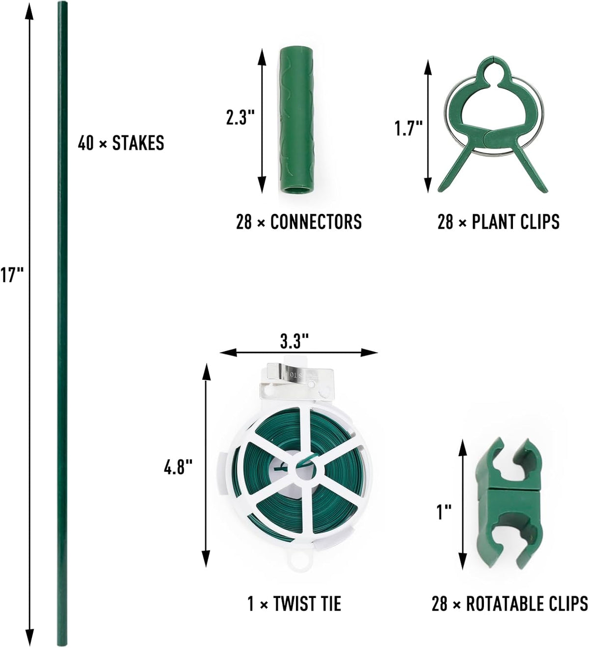 125pcs Garden Stakes Kit: Includes 40 Sets of Fiberglass Plant Sticks Supports & Accessories for DIY 4ft, 5ft, 6ft, 7ft Stakes for Tomato, Vegetables, Indoor & Outdoor Gardening Supplies
