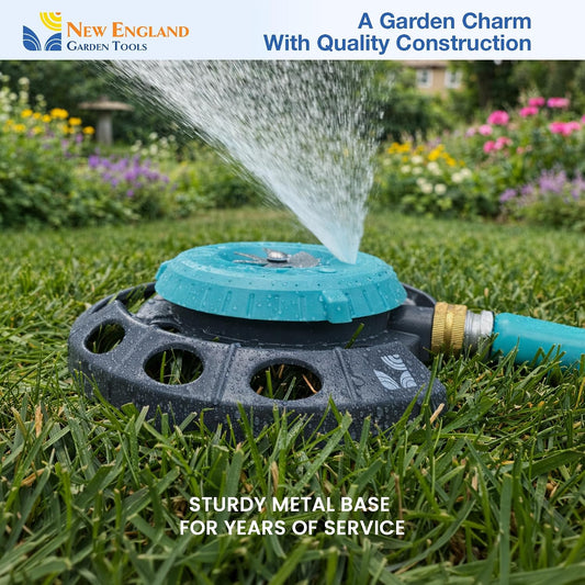 Multi-Pattern Spot Sprinkler 400001 - Adjustable 9 Spray Patterns, Heavy-Duty Metal Base, Decorative Turret Design, Versatile Lawn & Garden Watering, Durable Build