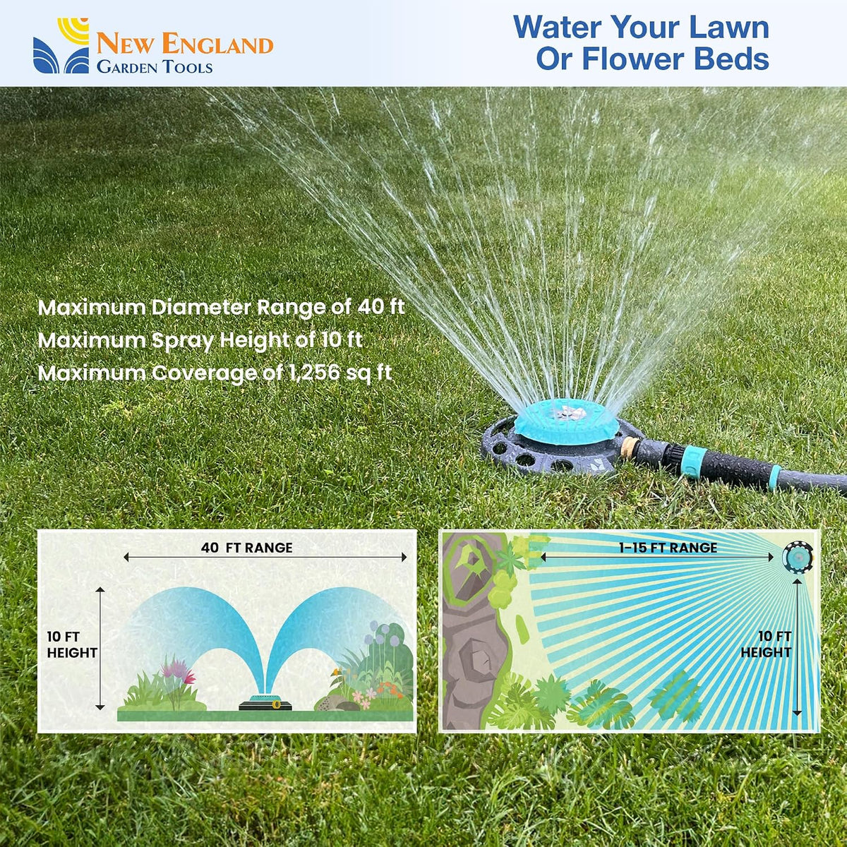 Multi-Pattern Spot Sprinkler 400001 - Adjustable 9 Spray Patterns, Heavy-Duty Metal Base, Decorative Turret Design, Versatile Lawn & Garden Watering, Durable Build