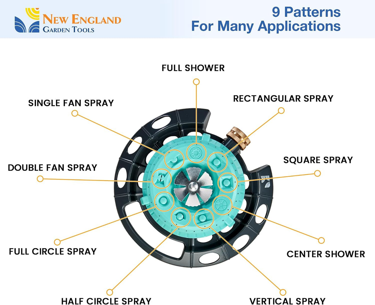 Multi-Pattern Spot Sprinkler 400001 - Adjustable 9 Spray Patterns, Heavy-Duty Metal Base, Decorative Turret Design, Versatile Lawn & Garden Watering, Durable Build