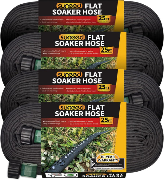 4-Pack Flat Soaker Hose 25FT for Garden Beds Linkable
