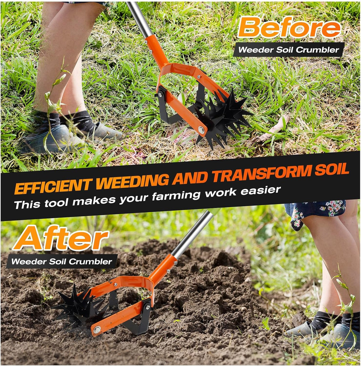 Garden Weasel Rotary Cultivator 72" Hand Tiller, 2-in-1 Adjustable for Soil & Weeds