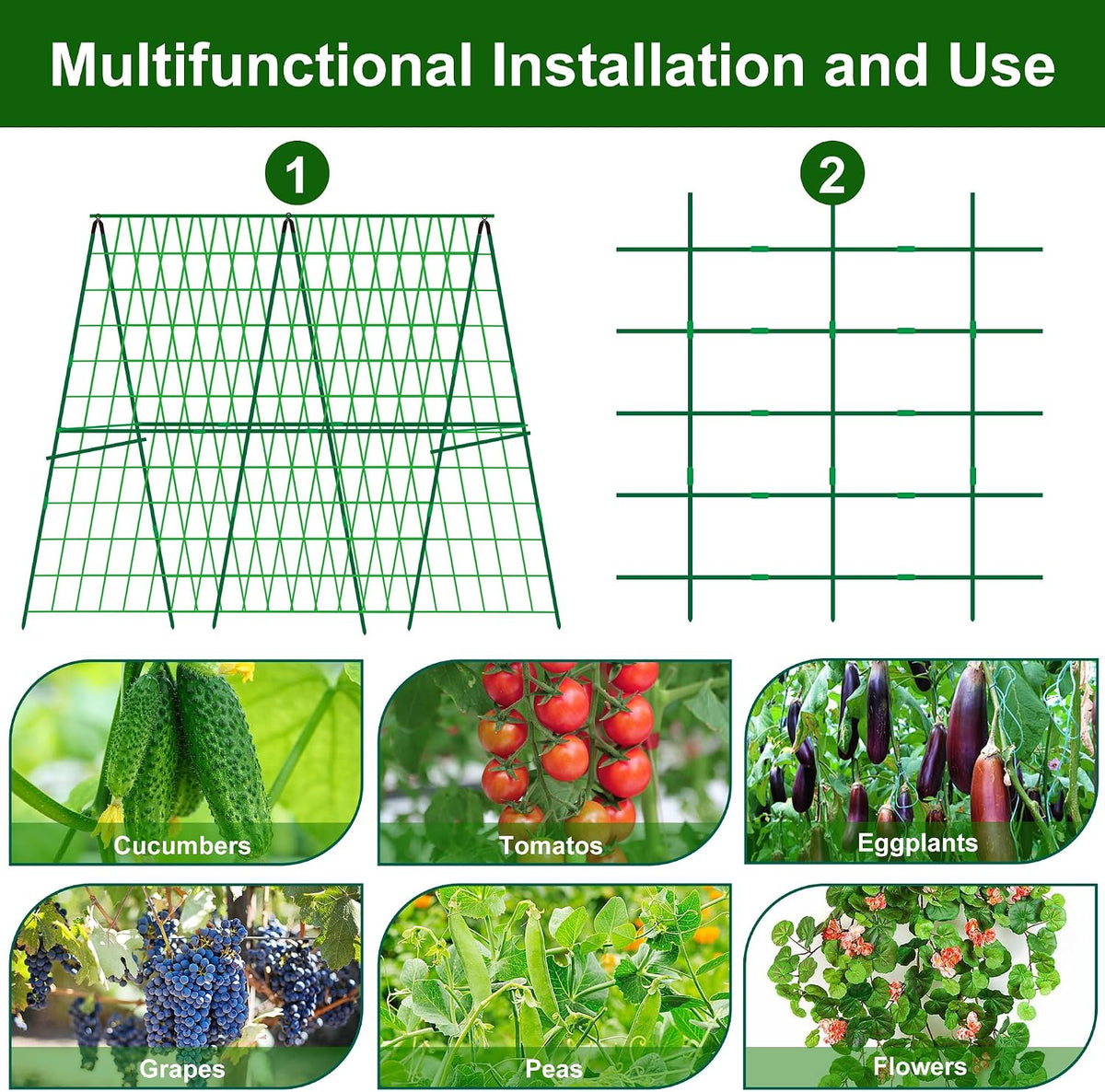 2 Packs 48" x 48" Foldable Cucumber Trellis for Raised Bed- A-Frame Garden Trellis for Climbing Plant Outdoor with Climbing Net & Plant Support Clip for Outdoor Plants Zucchini Vegetables Flowers