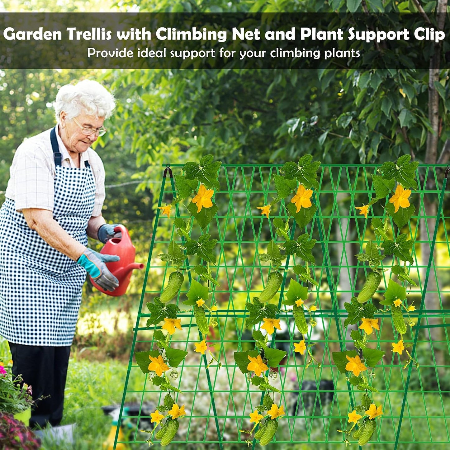 2 Packs 48" x 48" Foldable Cucumber Trellis for Raised Bed- A-Frame Garden Trellis for Climbing Plant Outdoor with Climbing Net & Plant Support Clip for Outdoor Plants Zucchini Vegetables Flowers