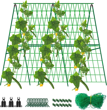 2 Packs 48" x 48" Foldable Cucumber Trellis for Raised Bed- A-Frame Garden Trellis for Climbing Plant Outdoor with Climbing Net & Plant Support Clip for Outdoor Plants Zucchini Vegetables Flowers