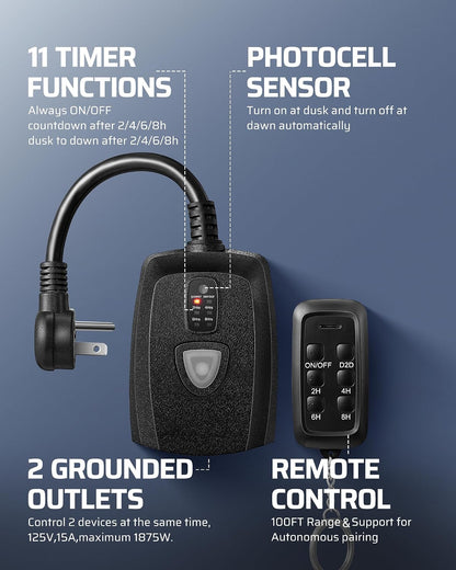 Outdoor Light Timer, Outdoor Timer Outlet,100FT Remote Control