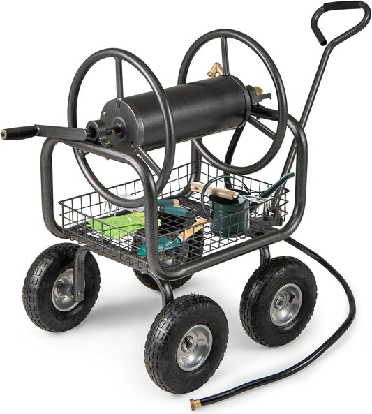 Hose Reel Cart, Hold Up to 300 ft of 5/8" Hoses, Metal Water Hoses Carts with Storage Basket, 4 Pneumatic Tires, Handle & Grip, Garden Hose Organizer for Backyard, Lawn & Patio