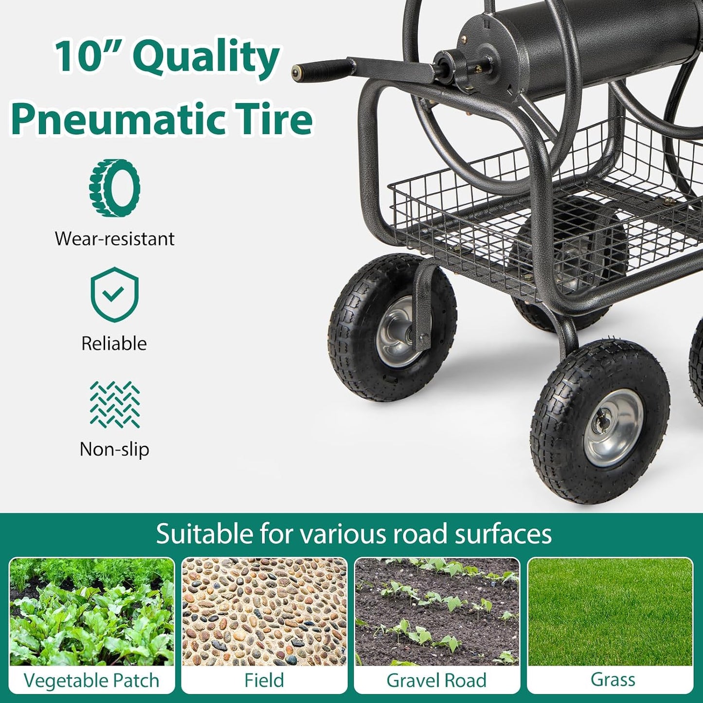 Hose Reel Cart, Hold Up to 300 ft of 5/8" Hoses, Metal Water Hoses Carts with Storage Basket, 4 Pneumatic Tires, Handle & Grip, Garden Hose Organizer for Backyard, Lawn & Patio