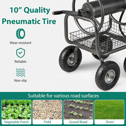 Hose Reel Cart, Hold Up to 300 ft of 5/8" Hoses, Metal Water Hoses Carts with Storage Basket, 4 Pneumatic Tires, Handle & Grip, Garden Hose Organizer for Backyard, Lawn & Patio