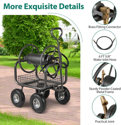 Hose Reel Cart, Hold Up to 300 ft of 5/8" Hoses, Metal Water Hoses Carts with Storage Basket, 4 Pneumatic Tires, Handle & Grip, Garden Hose Organizer for Backyard, Lawn & Patio