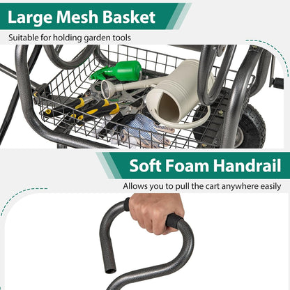 Hose Reel Cart, Hold Up to 300 ft of 5/8" Hoses, Metal Water Hoses Carts with Storage Basket, 4 Pneumatic Tires, Handle & Grip, Garden Hose Organizer for Backyard, Lawn & Patio