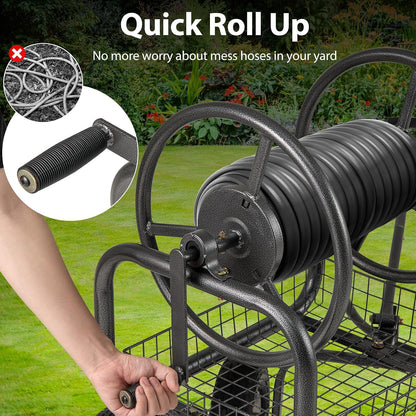 Hose Reel Cart, Hold Up to 300 ft of 5/8" Hoses, Metal Water Hoses Carts with Storage Basket, 4 Pneumatic Tires, Handle & Grip, Garden Hose Organizer for Backyard, Lawn & Patio