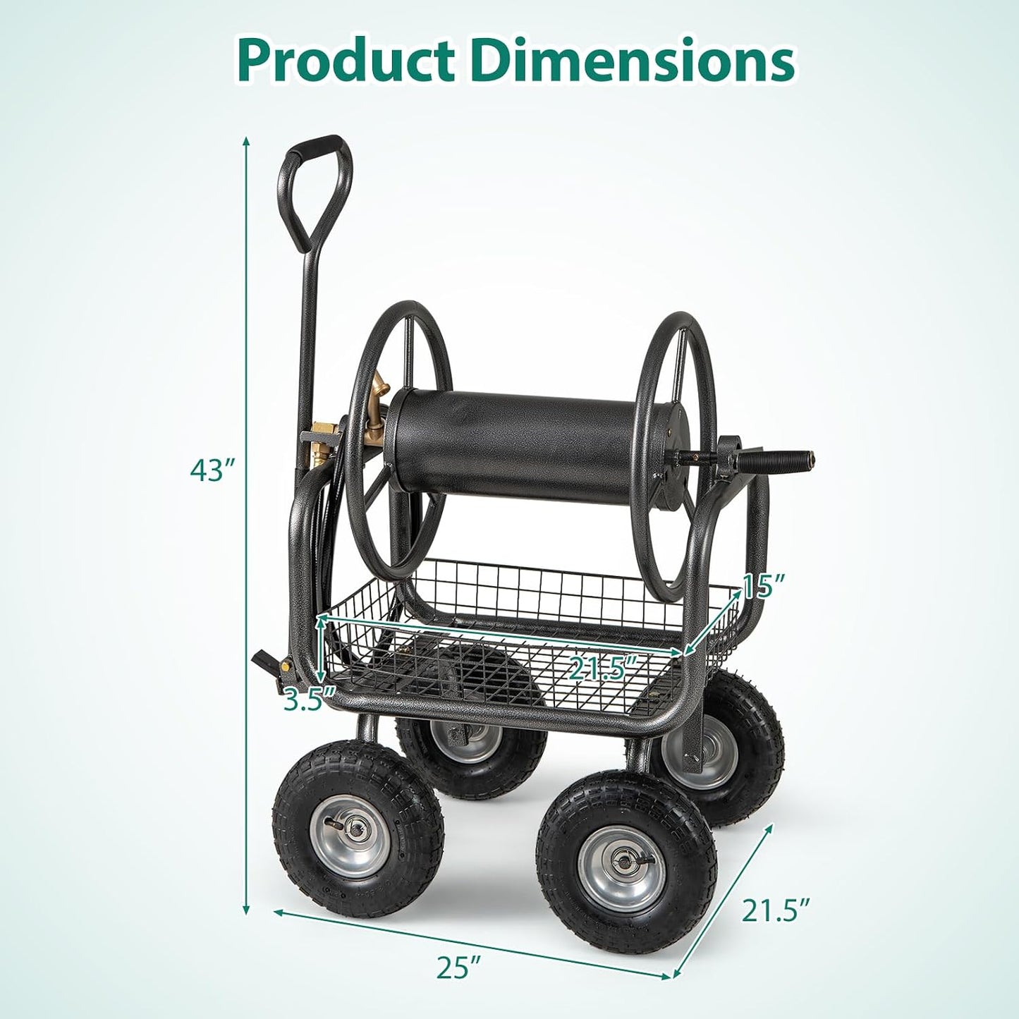 Hose Reel Cart, Hold Up to 300 ft of 5/8" Hoses, Metal Water Hoses Carts with Storage Basket, 4 Pneumatic Tires, Handle & Grip, Garden Hose Organizer for Backyard, Lawn & Patio