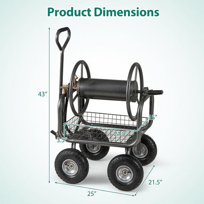 Hose Reel Cart, Hold Up to 300 ft of 5/8" Hoses, Metal Water Hoses Carts with Storage Basket, 4 Pneumatic Tires, Handle & Grip, Garden Hose Organizer for Backyard, Lawn & Patio