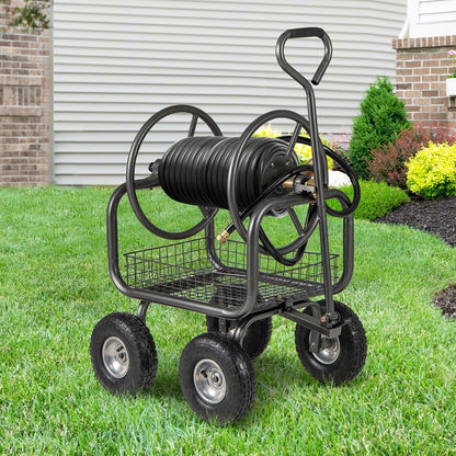 Hose Reel Cart, Hold Up to 300 ft of 5/8" Hoses, Metal Water Hoses Carts with Storage Basket, 4 Pneumatic Tires, Handle & Grip, Garden Hose Organizer for Backyard, Lawn & Patio