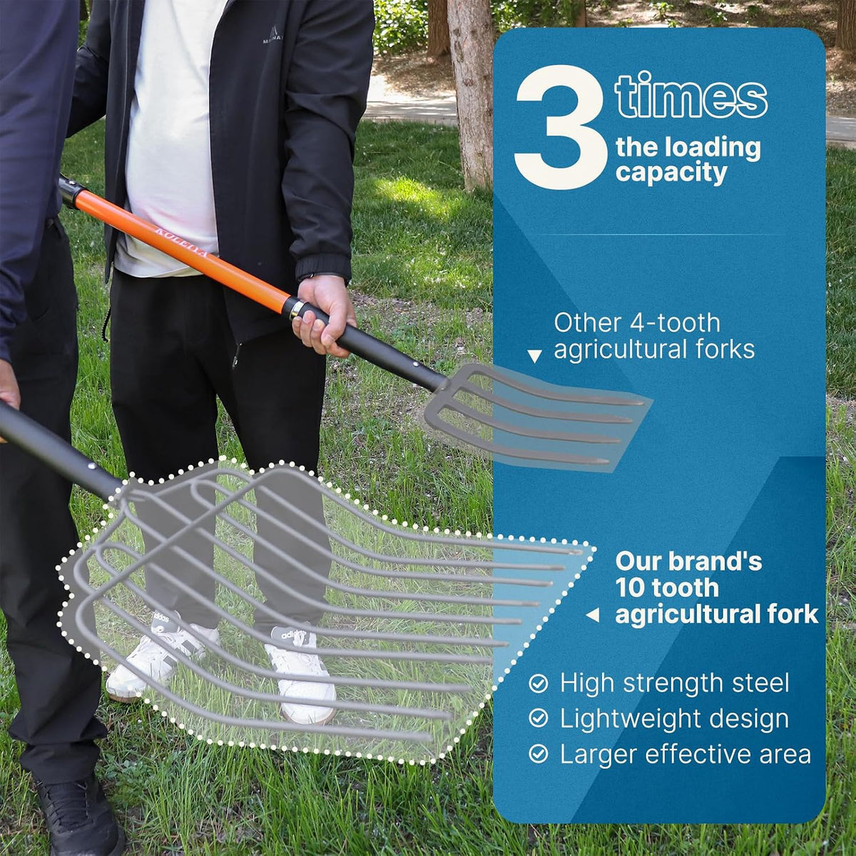 10-Tine Pitch Fork for Gardening, Heavy Duty Manure & Mulch Fork with Fiberglass Handle, Wide Bedding Hay Fork for Compost, Farm, 45 Inch