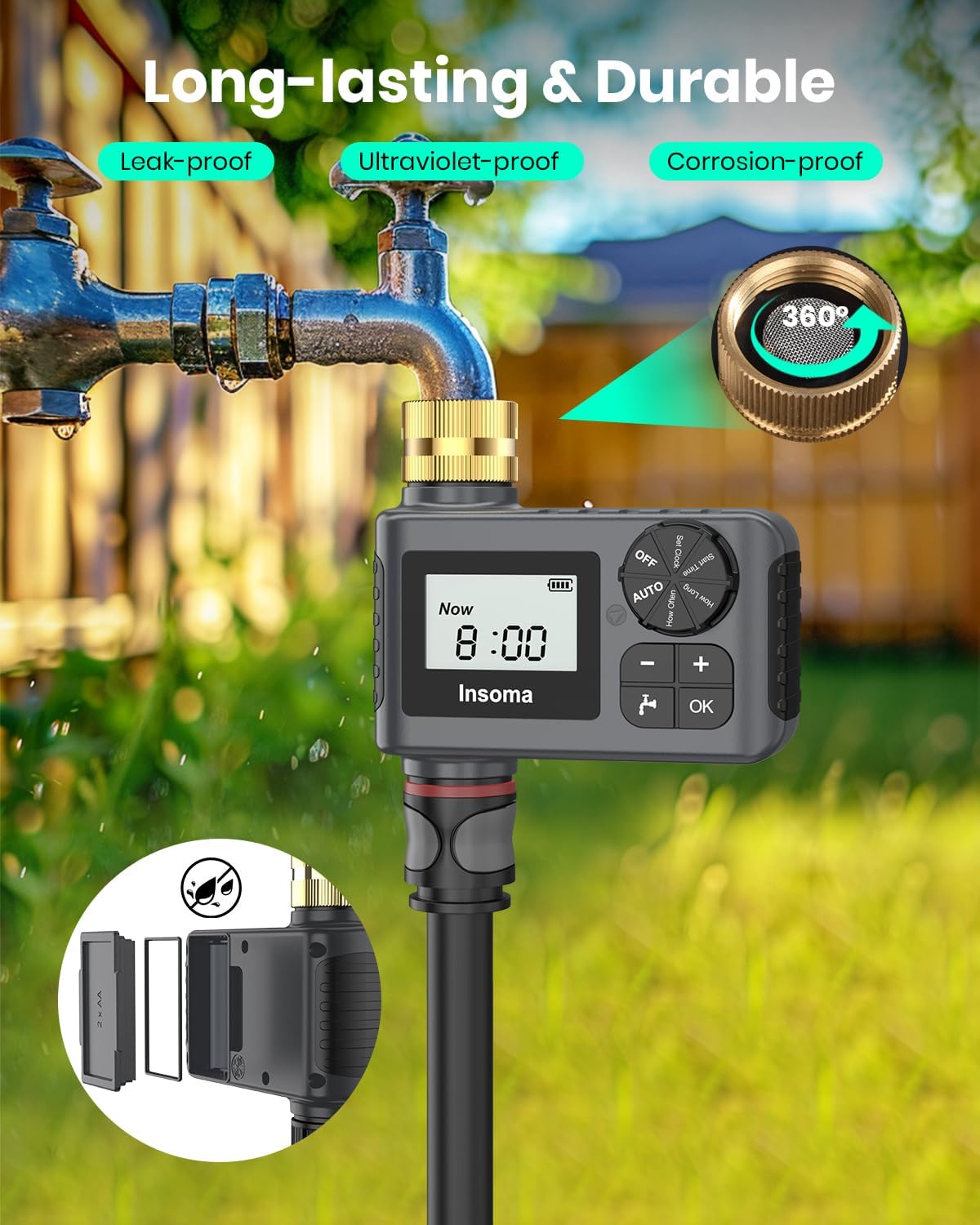 2 PCS Water Timer with Brass Inlet, Water Sprinkler Timer with Rain Delay/Manual/Automatic Drip Irrigation and Lawn Watering System for Yard
