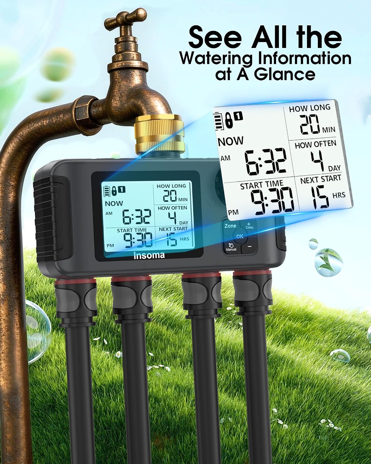 2 PCS Water Timer with Brass Inlet, Water Sprinkler Timer with Rain Delay/Manual/Automatic Drip Irrigation and Lawn Watering System for Yard