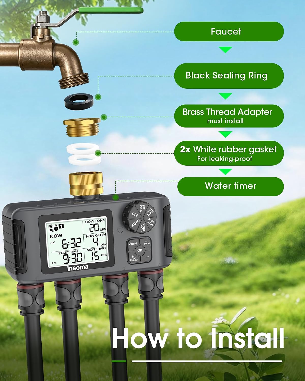 2 PCS Water Timer with Brass Inlet, Water Sprinkler Timer with Rain Delay/Manual/Automatic Drip Irrigation and Lawn Watering System for Yard