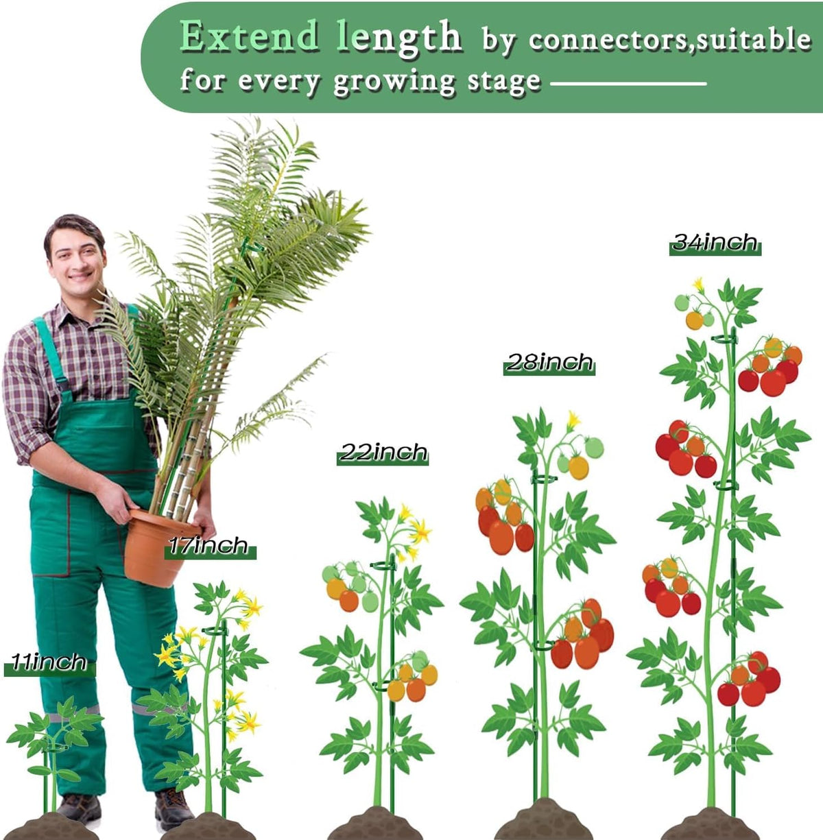 Plant Stakes 17inch &11inch Adjustable Length Plant Support Stake 16Pcs Orchid Stick with Clips for Indoor Outdoor,Garden Pole for Potted Tomato Amaryllis Vegetables Comes with 20 Ties (Green)
