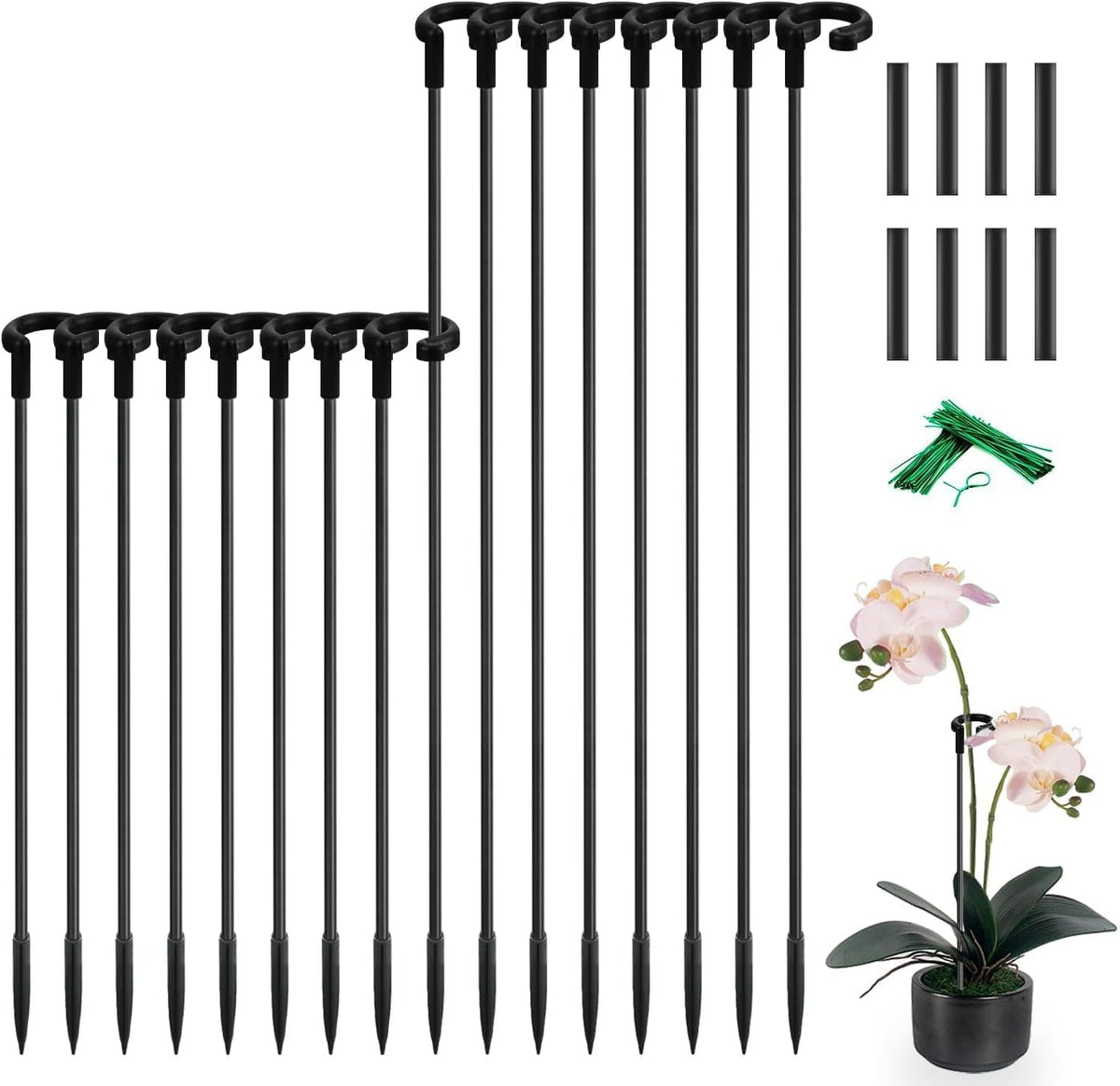Plant Stakes 17inch &11inch Adjustable Length Plant Support Stake 16Pcs Orchid Stick with Clips for Indoor Outdoor,Garden Pole for Potted Tomato Amaryllis Vegetables Comes with 20 Ties (Green)