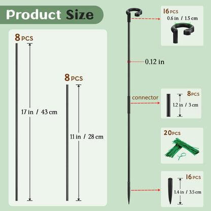 Plant Stakes 17inch &11inch Adjustable Length Plant Support Stake 16Pcs Orchid Stick with Clips for Indoor Outdoor,Garden Pole for Potted Tomato Amaryllis Vegetables Comes with 20 Ties (Green)