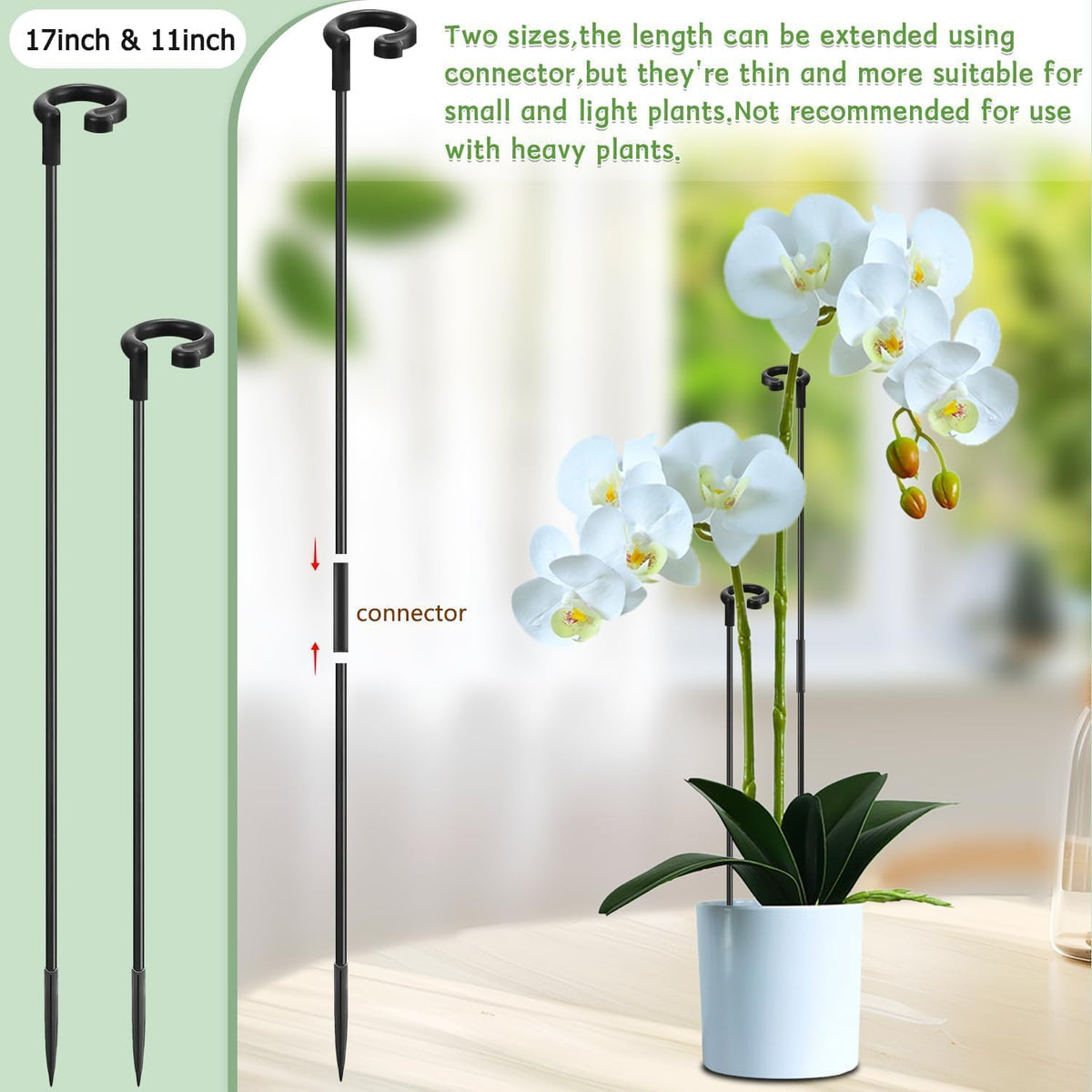 Plant Stakes 17inch &11inch Adjustable Length Plant Support Stake 16Pcs Orchid Stick with Clips for Indoor Outdoor,Garden Pole for Potted Tomato Amaryllis Vegetables Comes with 20 Ties (Green)