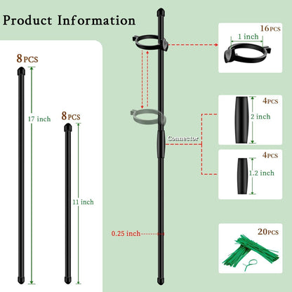 Plant Stakes 17inch &11inch Adjustable Length Plant Support Stake 16Pcs Orchid Stick with Clips for Indoor Outdoor,Garden Pole for Potted Tomato Amaryllis Vegetables Comes with 20 Ties (Green)