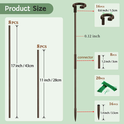 Plant Stakes 17inch &11inch Adjustable Length Plant Support Stake 16Pcs Orchid Stick with Clips for Indoor Outdoor,Garden Pole for Potted Tomato Amaryllis Vegetables Comes with 20 Ties (Green)