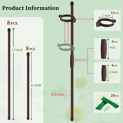 Plant Stakes 17inch &11inch Adjustable Length Plant Support Stake 16Pcs Orchid Stick with Clips for Indoor Outdoor,Garden Pole for Potted Tomato Amaryllis Vegetables Comes with 20 Ties (Green)