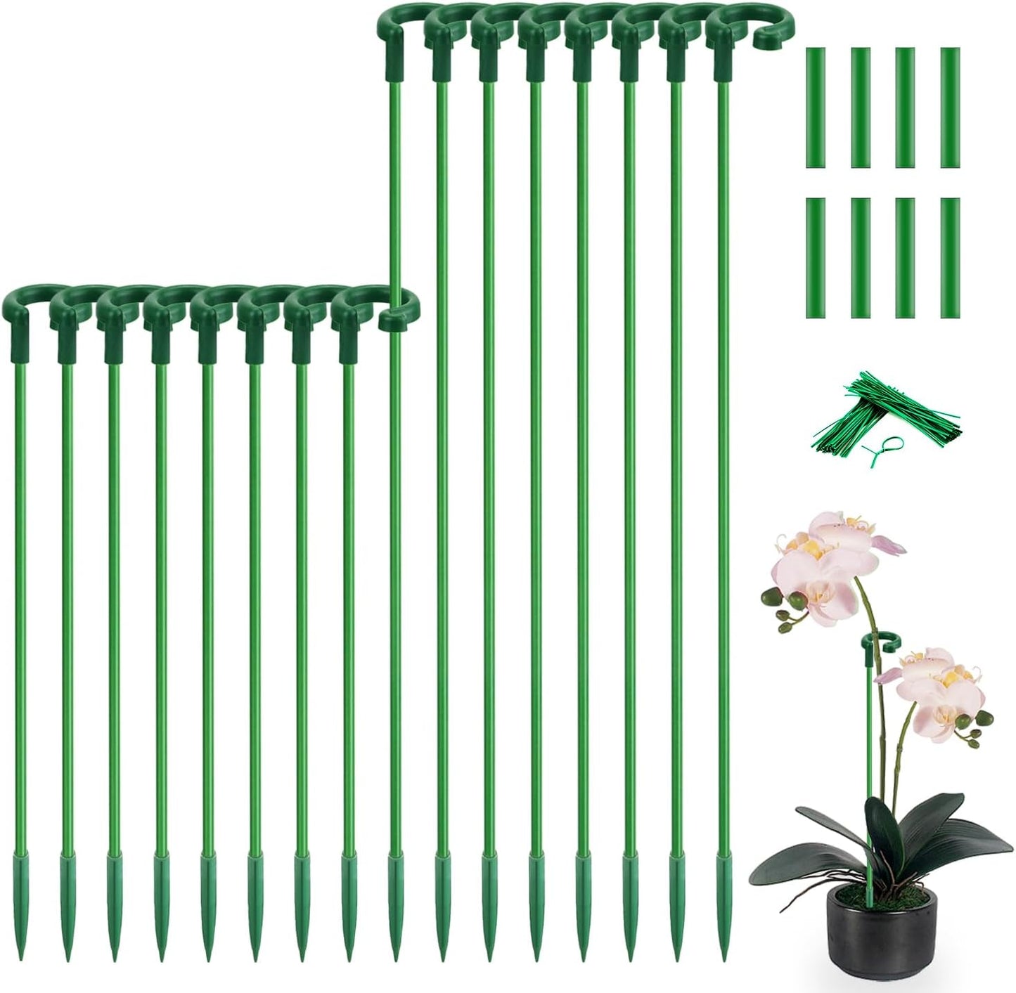 Plant Stakes 17inch &11inch Adjustable Length Plant Support Stake 16Pcs Orchid Stick with Clips for Indoor Outdoor,Garden Pole for Potted Tomato Amaryllis Vegetables Comes with 20 Ties (Green)