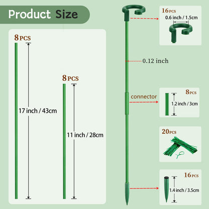Plant Stakes 17inch &11inch Adjustable Length Plant Support Stake 16Pcs Orchid Stick with Clips for Indoor Outdoor,Garden Pole for Potted Tomato Amaryllis Vegetables Comes with 20 Ties (Green)