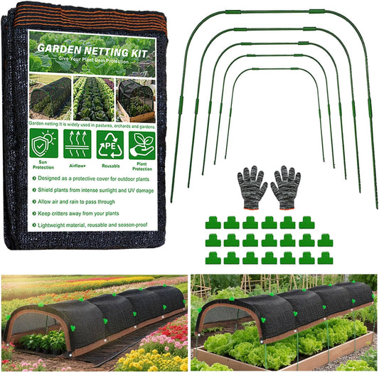 Garden Shade Cloth Kit 78.7"x59" Garden Sun Shade Cloth with Hoops for Heat Protection 75% Black Plant Shade Cloth Garden Greenhouse Grow Tunnel Shade Cloth Row Cover for Outdoor Plants Vegetables