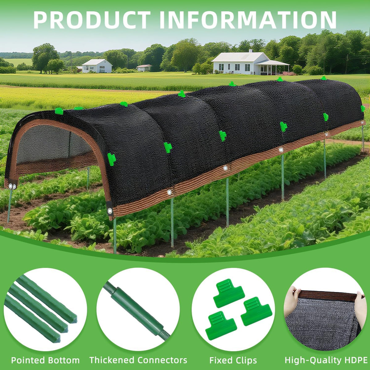 Garden Shade Cloth Kit 78.7"x59" Garden Sun Shade Cloth with Hoops for Heat Protection 75% Black Plant Shade Cloth Garden Greenhouse Grow Tunnel Shade Cloth Row Cover for Outdoor Plants Vegetables