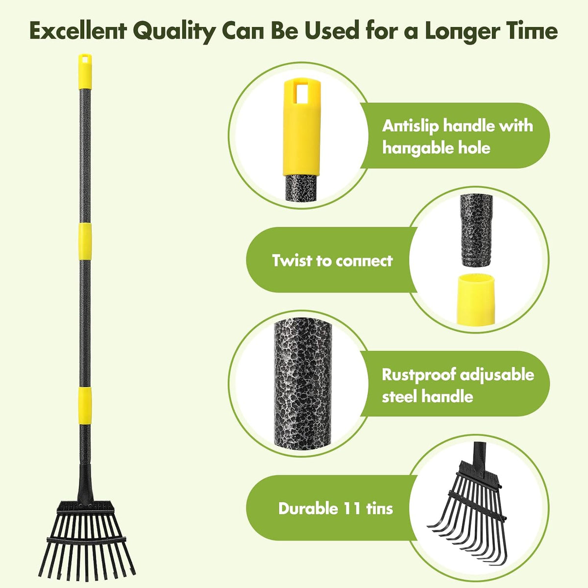 Rake for Leaves, Heavy Duty Small Leaf Rakes for Lawns & Yard with 60” Length 8.5” Width 11 Metal Tines, Lightweight Gardening Rake for Women Men Kids for Shrub,Grass,Mulch