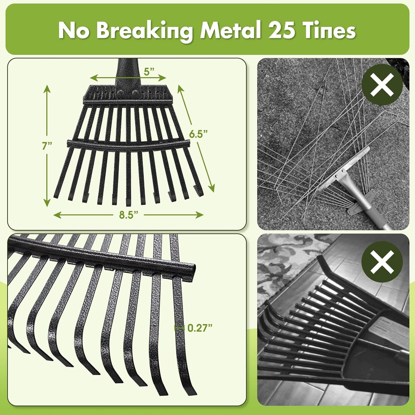 Rake for Leaves, Heavy Duty Small Leaf Rakes for Lawns & Yard with 60” Length 8.5” Width 11 Metal Tines, Lightweight Gardening Rake for Women Men Kids for Shrub,Grass,Mulch