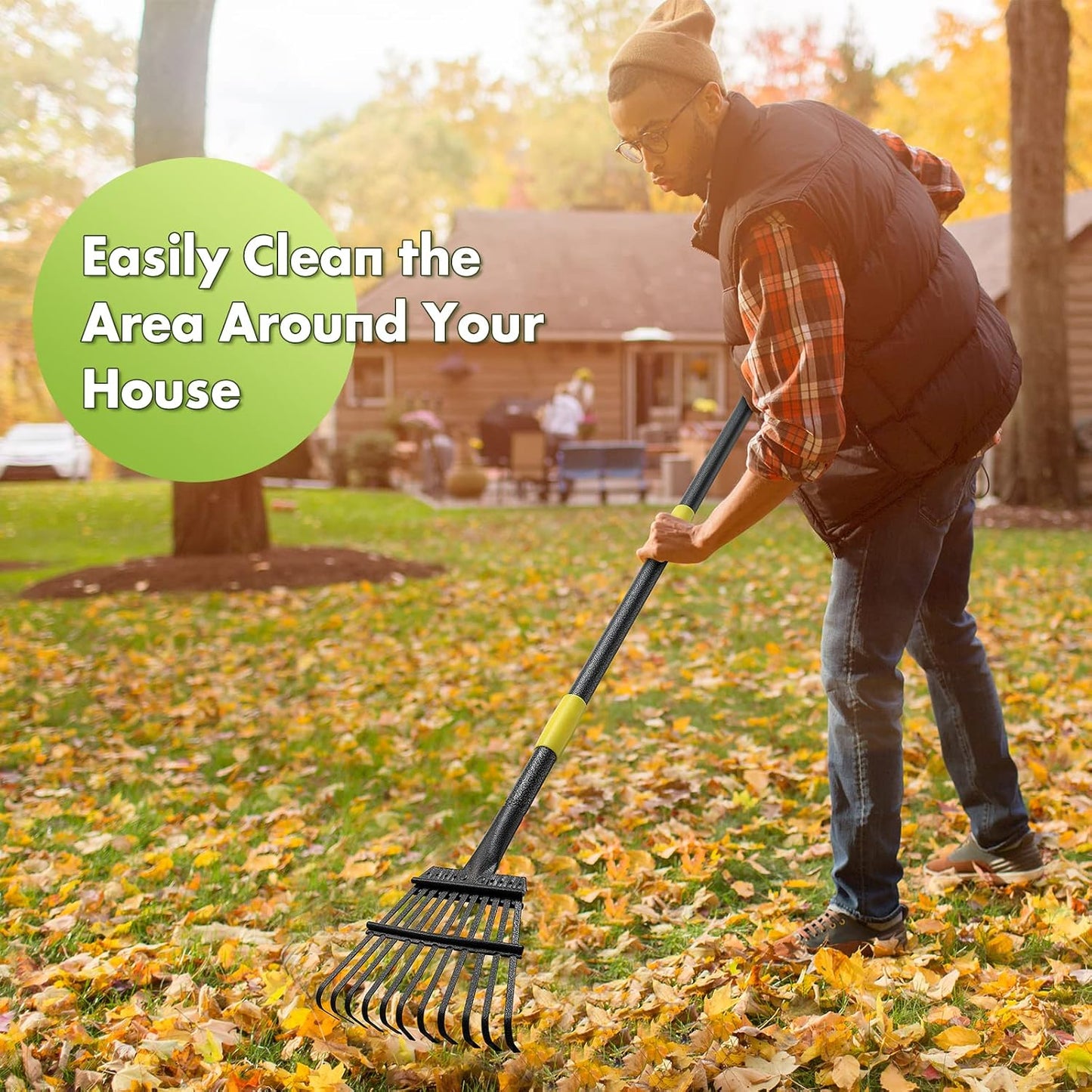 Rake for Leaves, Heavy Duty Small Leaf Rakes for Lawns & Yard with 60” Length 8.5” Width 11 Metal Tines, Lightweight Gardening Rake for Women Men Kids for Shrub,Grass,Mulch