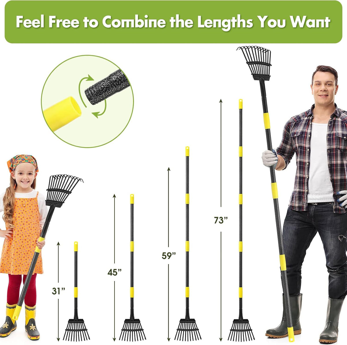 Rake for Leaves, Heavy Duty Small Leaf Rakes for Lawns & Yard with 60” Length 8.5” Width 11 Metal Tines, Lightweight Gardening Rake for Women Men Kids for Shrub,Grass,Mulch