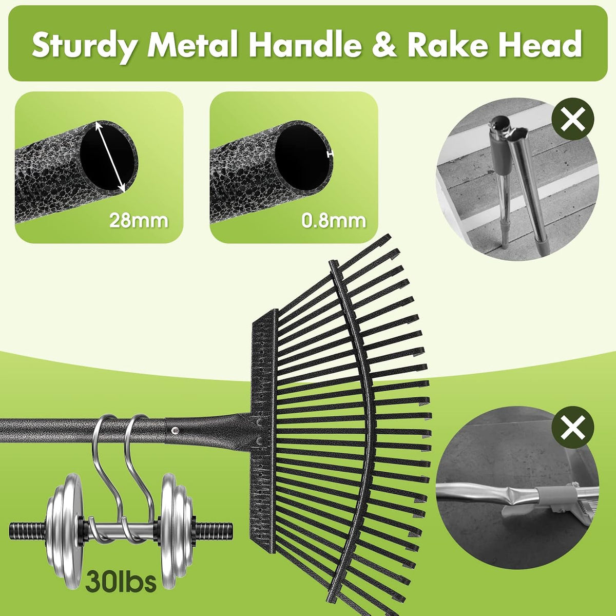 Rake for Leaves, Heavy Duty Small Leaf Rakes for Lawns & Yard with 60” Length 8.5” Width 11 Metal Tines, Lightweight Gardening Rake for Women Men Kids for Shrub,Grass,Mulch