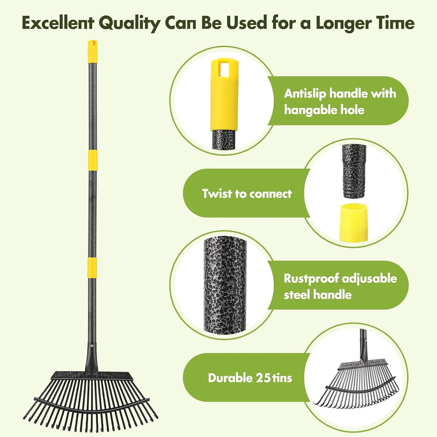 Rake for Leaves, Heavy Duty Small Leaf Rakes for Lawns & Yard with 60” Length 8.5” Width 11 Metal Tines, Lightweight Gardening Rake for Women Men Kids for Shrub,Grass,Mulch