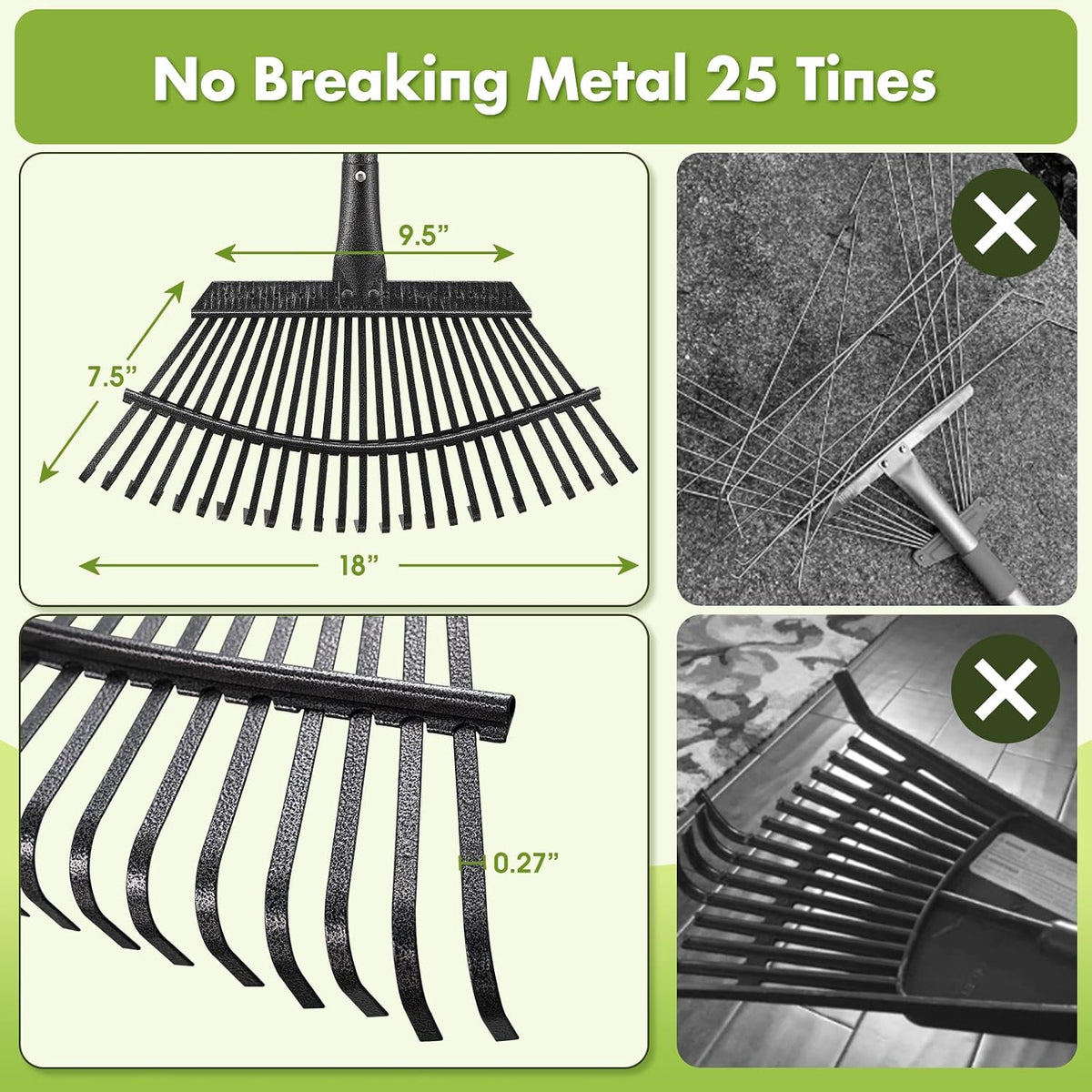 Rake for Leaves, Heavy Duty Small Leaf Rakes for Lawns & Yard with 60” Length 8.5” Width 11 Metal Tines, Lightweight Gardening Rake for Women Men Kids for Shrub,Grass,Mulch