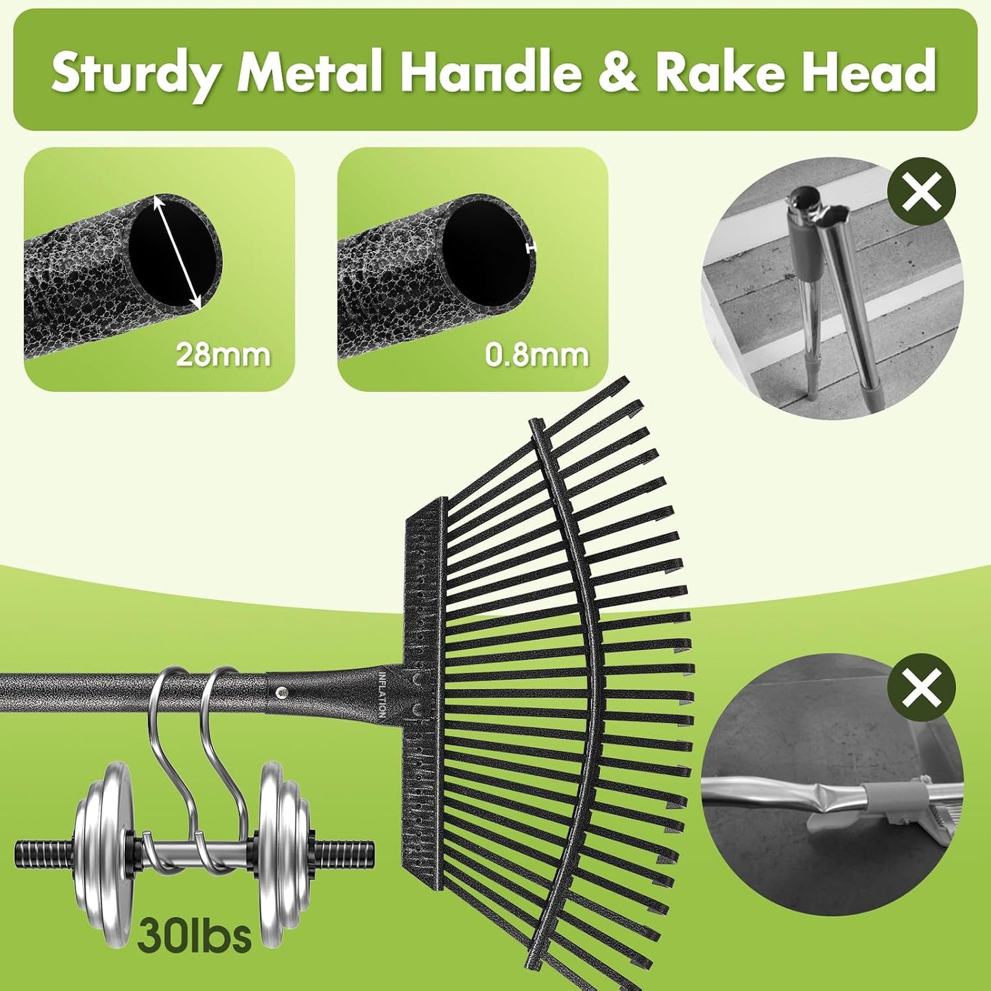 Rake for Leaves, Heavy Duty Small Leaf Rakes for Lawns & Yard with 60” Length 8.5” Width 11 Metal Tines, Lightweight Gardening Rake for Women Men Kids for Shrub,Grass,Mulch