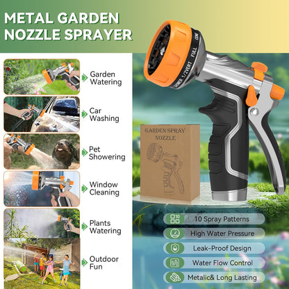 Garden Hose Nozzle, Heavy Duty Metal Water Hose Nozzle with 8 Adjustable Spray Patterns, High Pressure Hand Sprayer with Flow Control for for Garden Watering, Car & Pet Washing