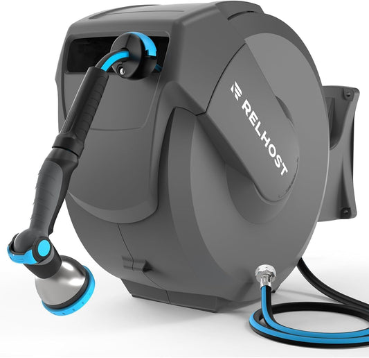 Retractable Garden Hose Reel, 1/2 in x 100 ft Wall Mount Heavy Duty Hose Reel with Any-Length Lock, Auto Rewind System, 180° Swivel Bracket, and 10-Pattern Nozzle for Garden, Dark Grey