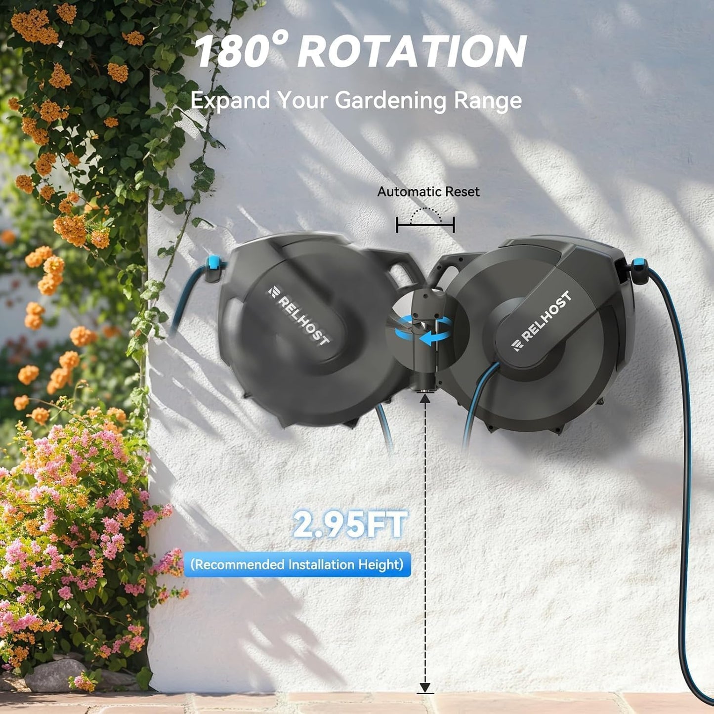 Retractable Garden Hose Reel, 1/2 in x 100 ft Wall Mount Heavy Duty Hose Reel with Any-Length Lock, Auto Rewind System, 180° Swivel Bracket, and 10-Pattern Nozzle for Garden, Dark Grey