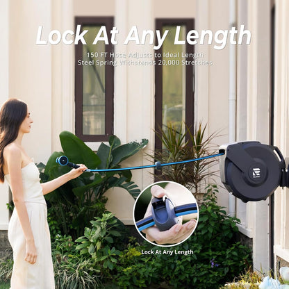 Retractable Garden Hose Reel, 1/2 in x 100 ft Wall Mount Heavy Duty Hose Reel with Any-Length Lock, Auto Rewind System, 180° Swivel Bracket, and 10-Pattern Nozzle for Garden, Dark Grey
