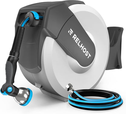 Retractable Garden Hose Reel, 1/2 in x 100 ft Wall Mount Heavy Duty Hose Reel with Any-Length Lock, Auto Rewind System, 180° Swivel Bracket, and 10-Pattern Nozzle for Garden, Dark Grey