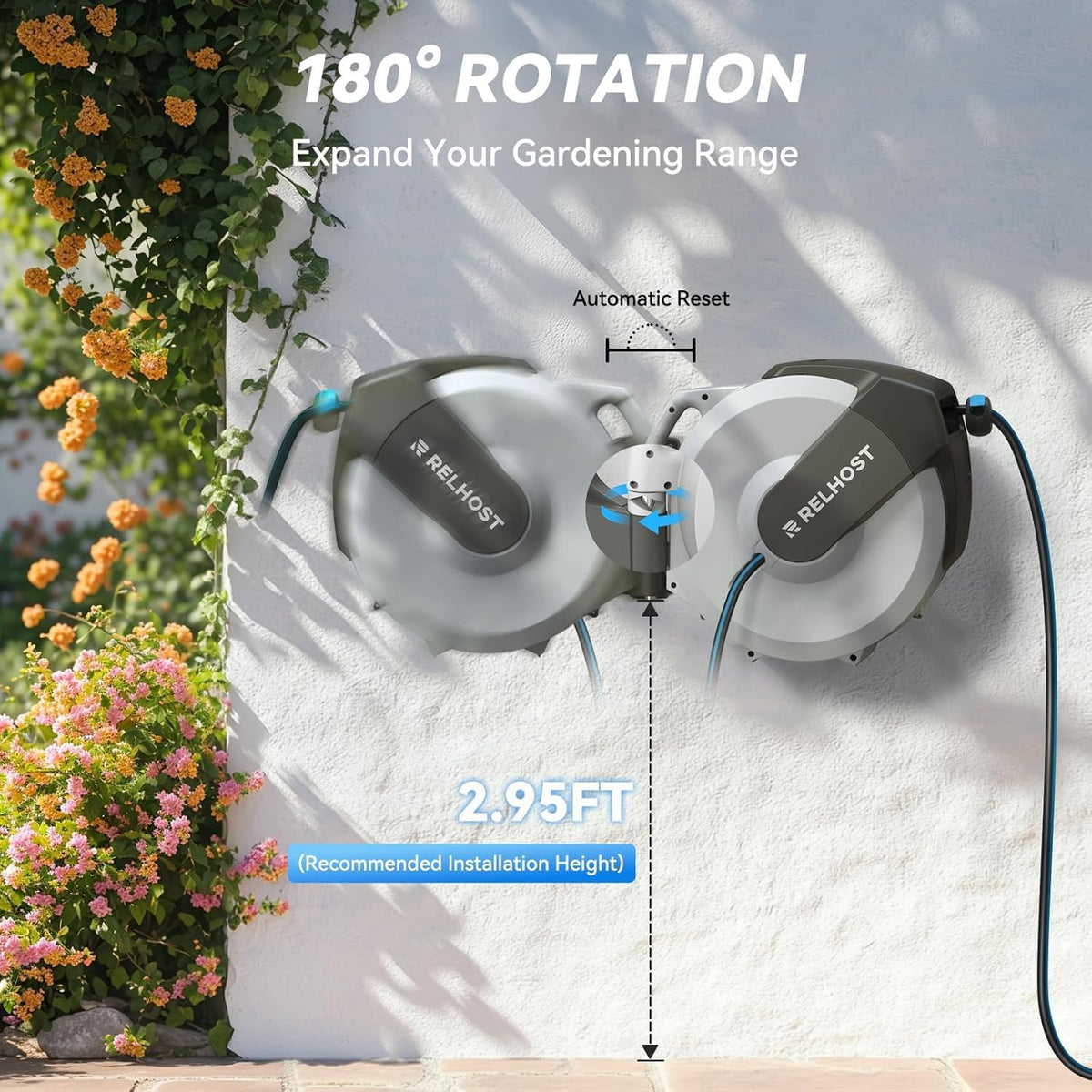 Retractable Garden Hose Reel, 1/2 in x 100 ft Wall Mount Heavy Duty Hose Reel with Any-Length Lock, Auto Rewind System, 180° Swivel Bracket, and 10-Pattern Nozzle for Garden, Dark Grey
