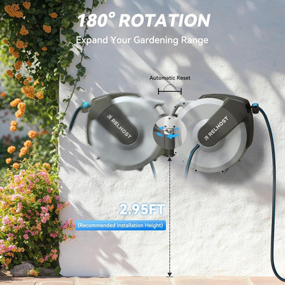Retractable Garden Hose Reel, 1/2 in x 100 ft Wall Mount Heavy Duty Hose Reel with Any-Length Lock, Auto Rewind System, 180° Swivel Bracket, and 10-Pattern Nozzle for Garden, Dark Grey
